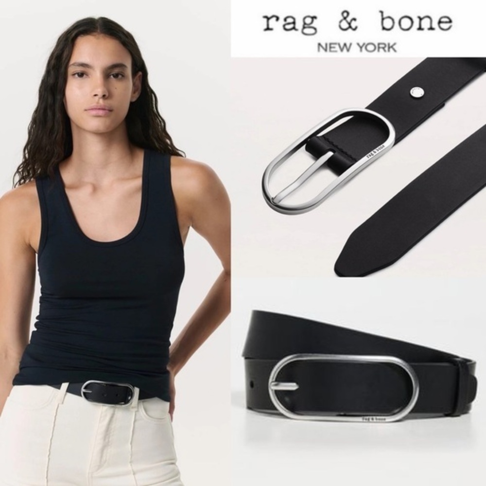Rag & Bone Rounded Rebound Leather Sleek Black Belt Silver Buckle Sz M NWT $228